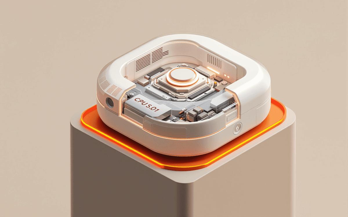 Futuristic white CPU model with glowing orange base on pedestal