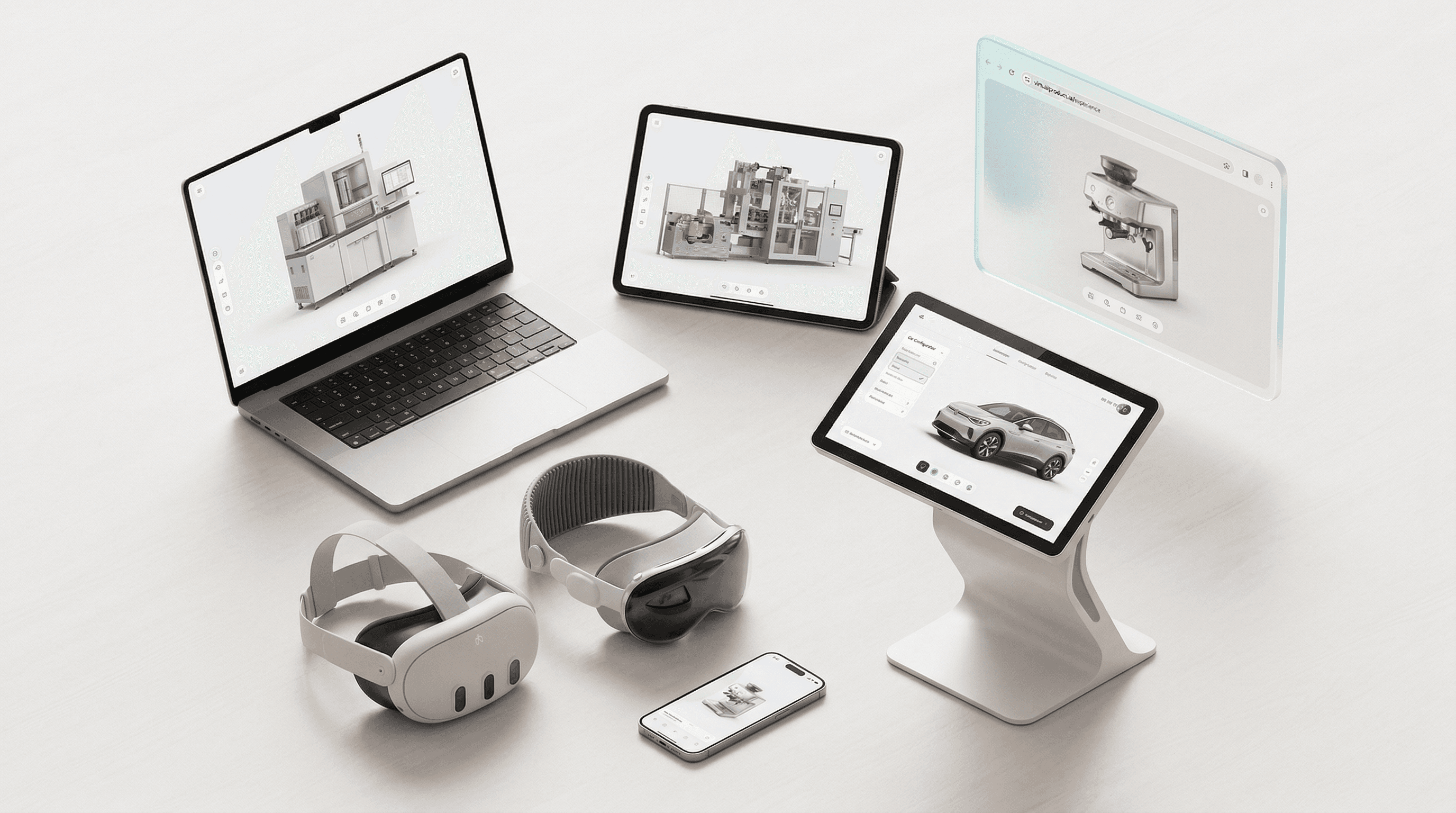 A premium editorial composition showing a laptop, iPad, trade show kiosk, Meta Quest 3 VR headset, Apple Vision Pro headset, mobile phone, and a floating browser window — each displaying a different interactive 3D product experience featuring industrial machinery, automotive, and consumer products — illustrating how a single product experience can be deployed across every sales channel and device.