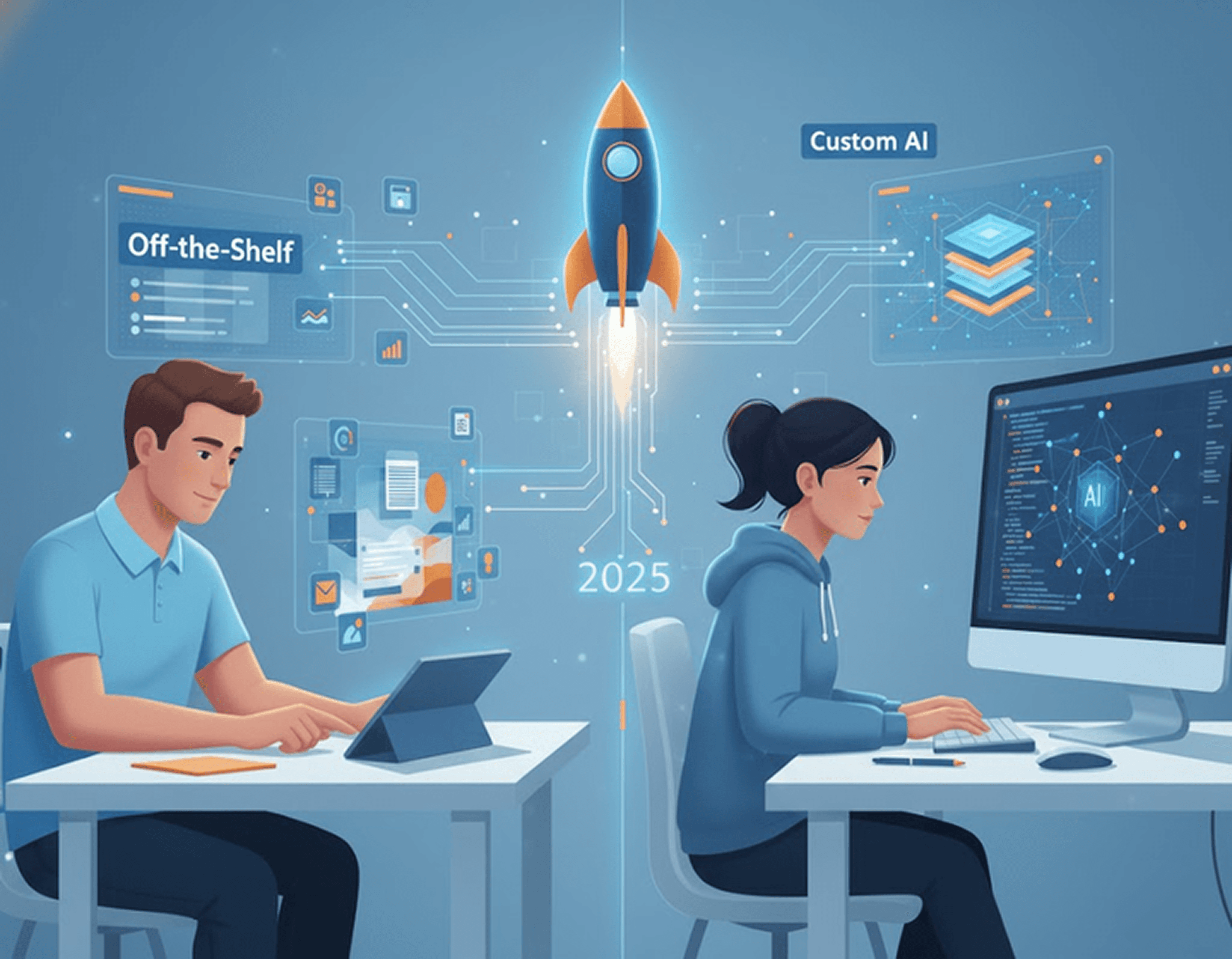 A startup founder compares off-the-shelf and custom AI solutions as a rocket labeled 2025 launches between them.