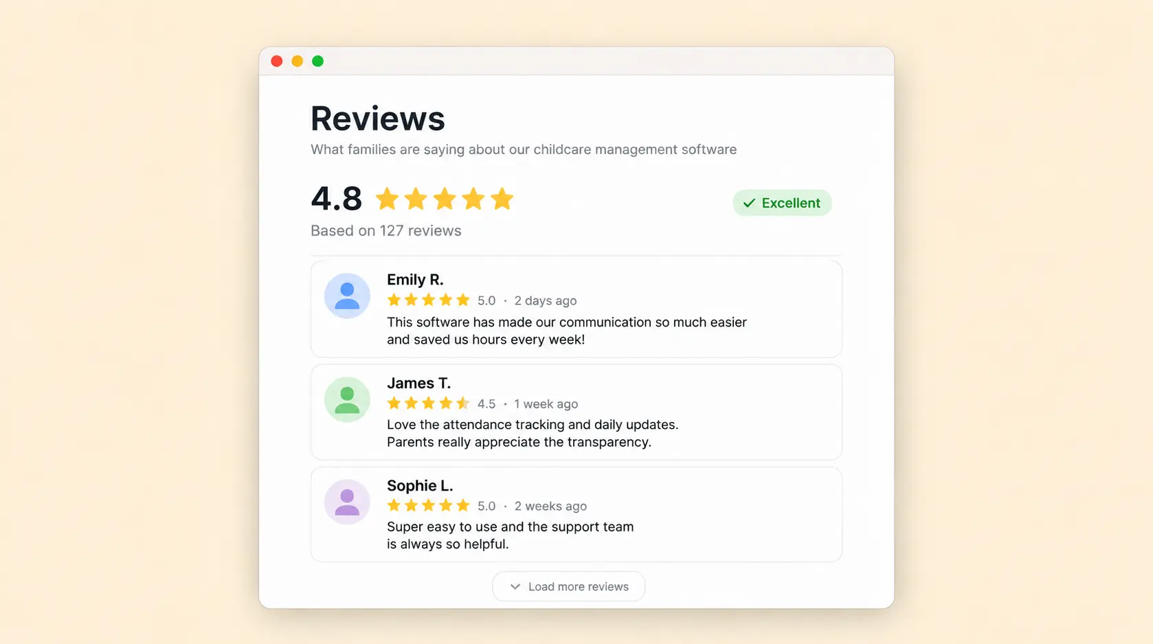an image of a computer screen focused on reviews for a childcare management software platform