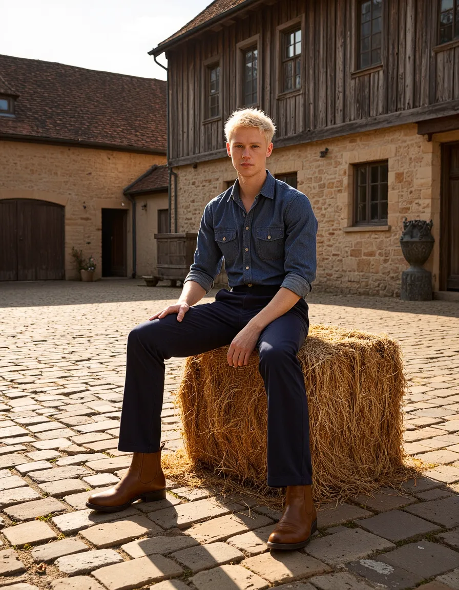 Young man in denim shirt sitting on hay bale in rustic courtyard, professional fashion portrait with natural lighting