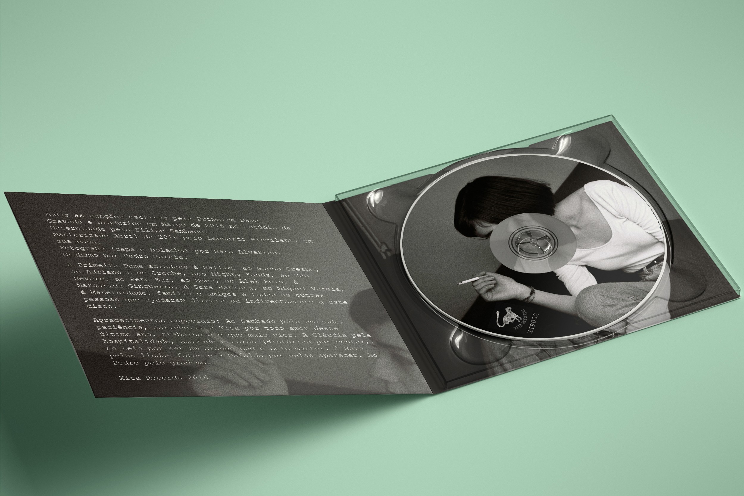 CD packaging design for Primeira Dama featuring minimalist black and white photography and editorial typography.
