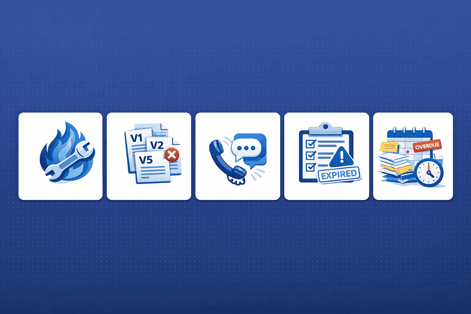 Infographic showing five warning signs of outdated facilities management: reactive maintenance, multiple versions of documents, scattered communication, compliance risk, and overloaded work orders