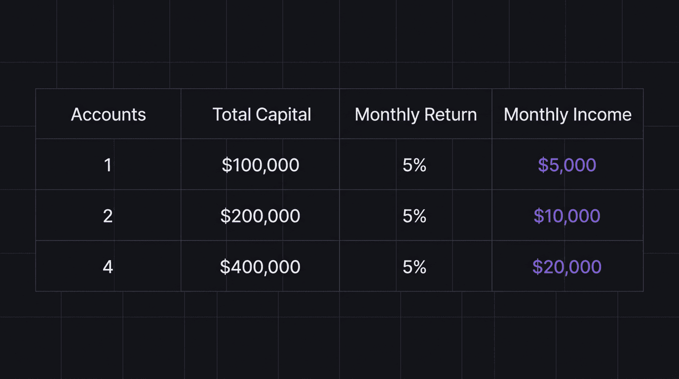 Comparison table showing income at one, two, and four funded accounts at 5% monthly