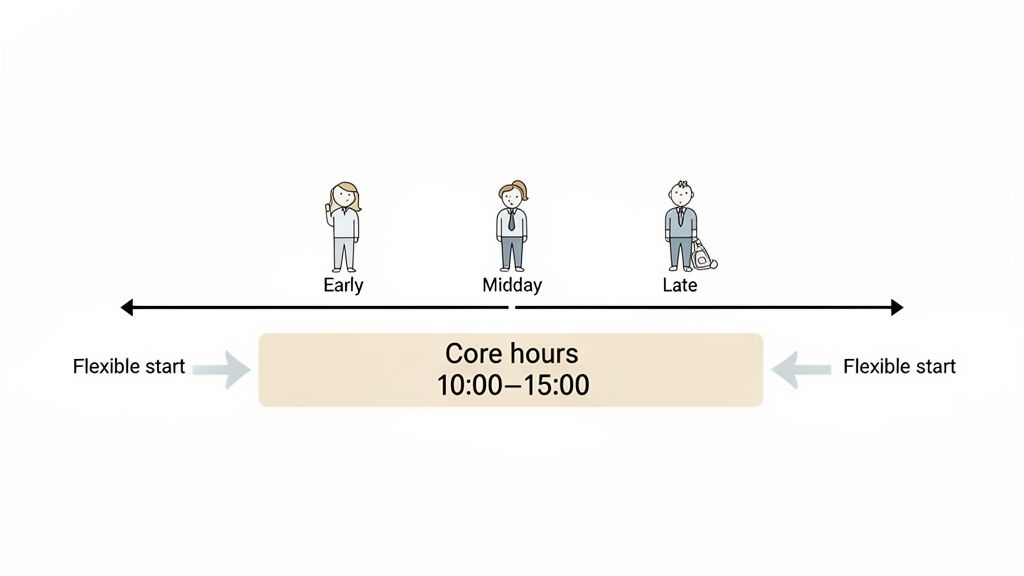 Illustration of a flexible work schedule, showing core hours (10:00-15:00) and flexible start and end times.