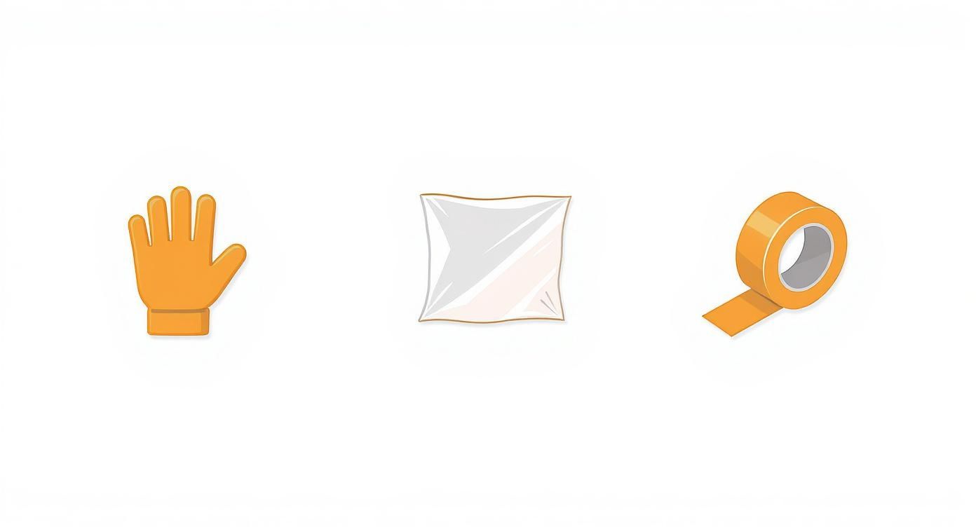 Orange work gloves, white cleaning cloth, and orange tape for temporary car window repair