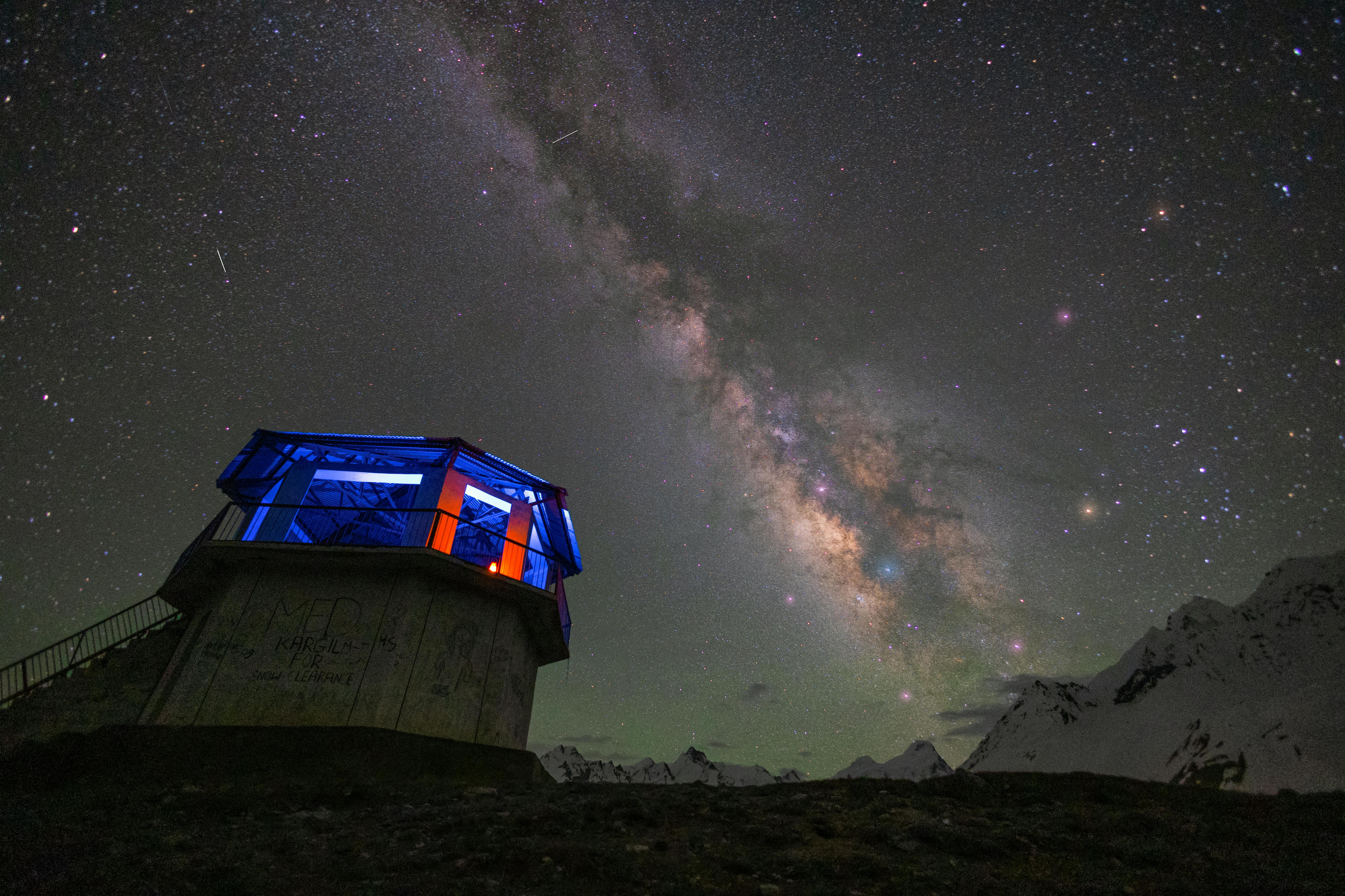 Milky way night sky over Spiti Valley mountains