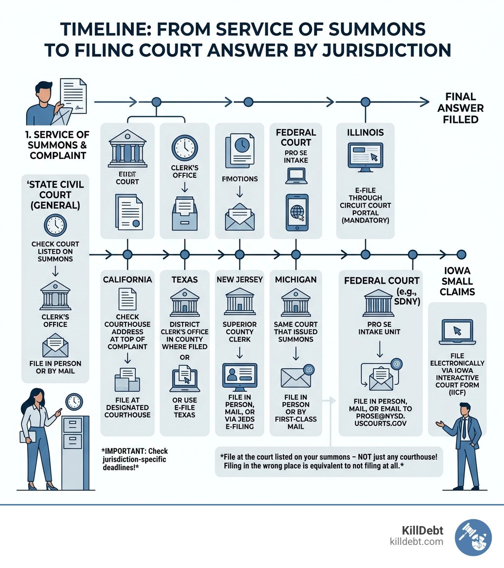 Timeline infographic from service of summons to filing court answer by jurisdiction infographic