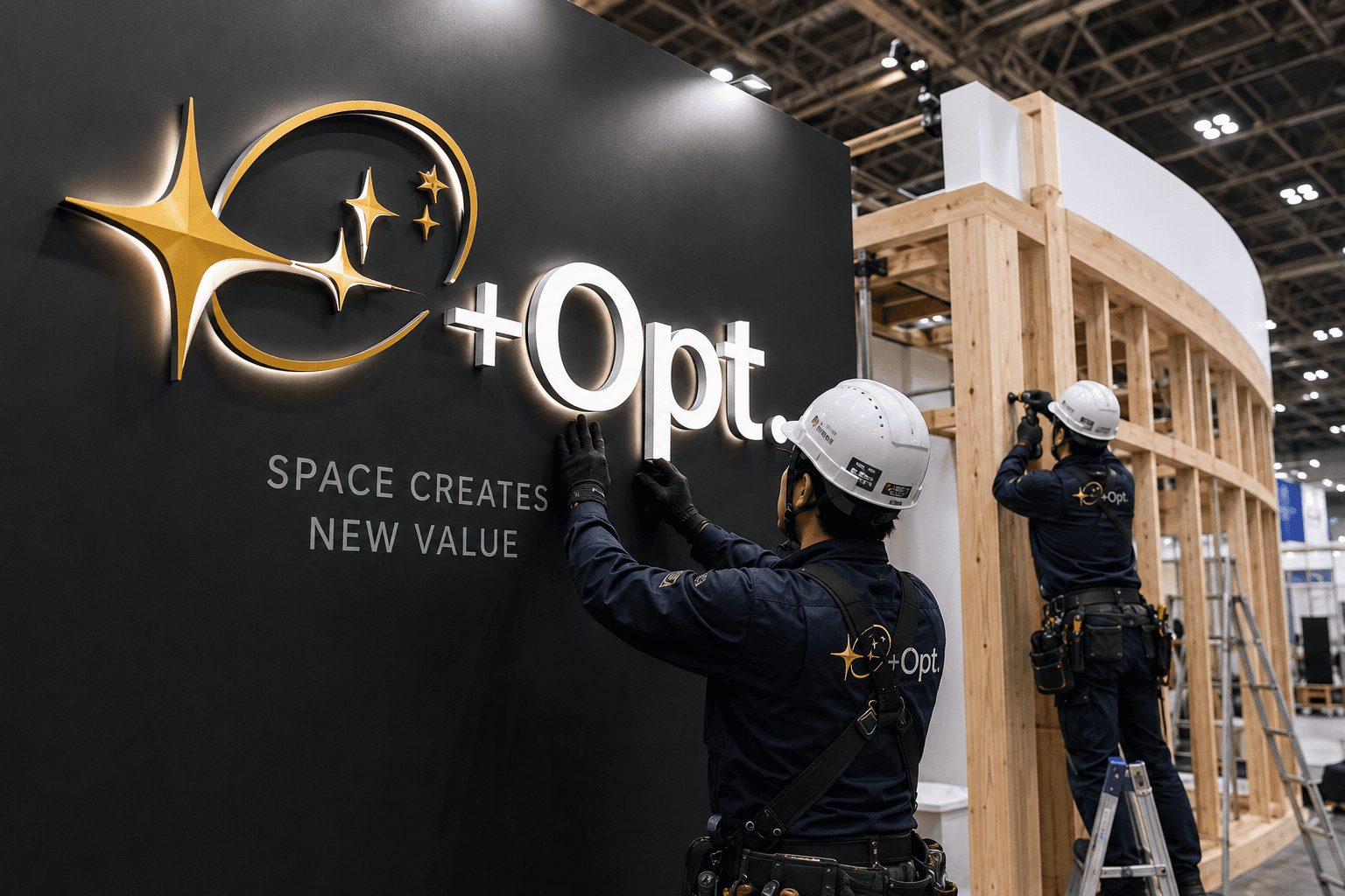 株式会社+Opt.の展示会施工スタッフとサイン施工
