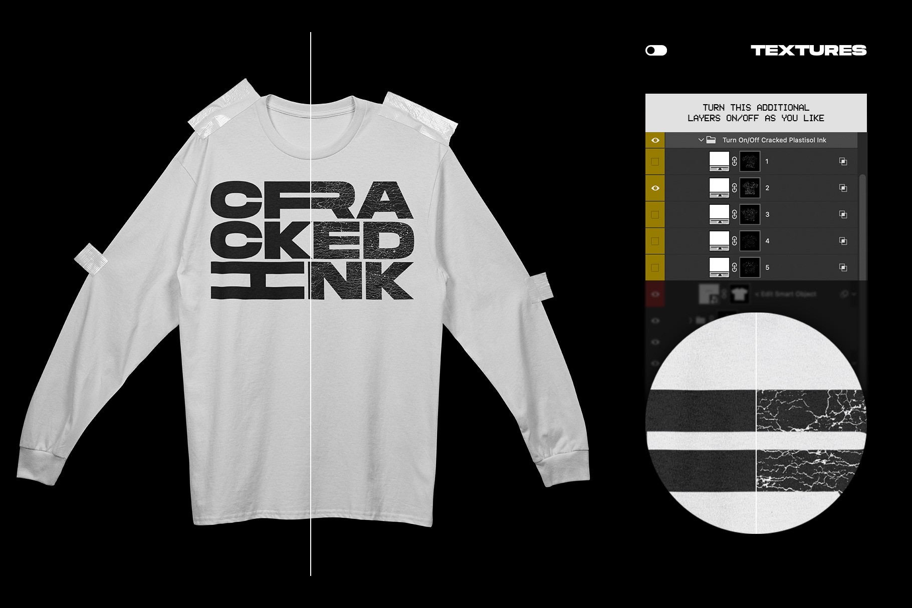 Gildan 2400 long sleeve taped mockup cracked plastisol ink texture effect