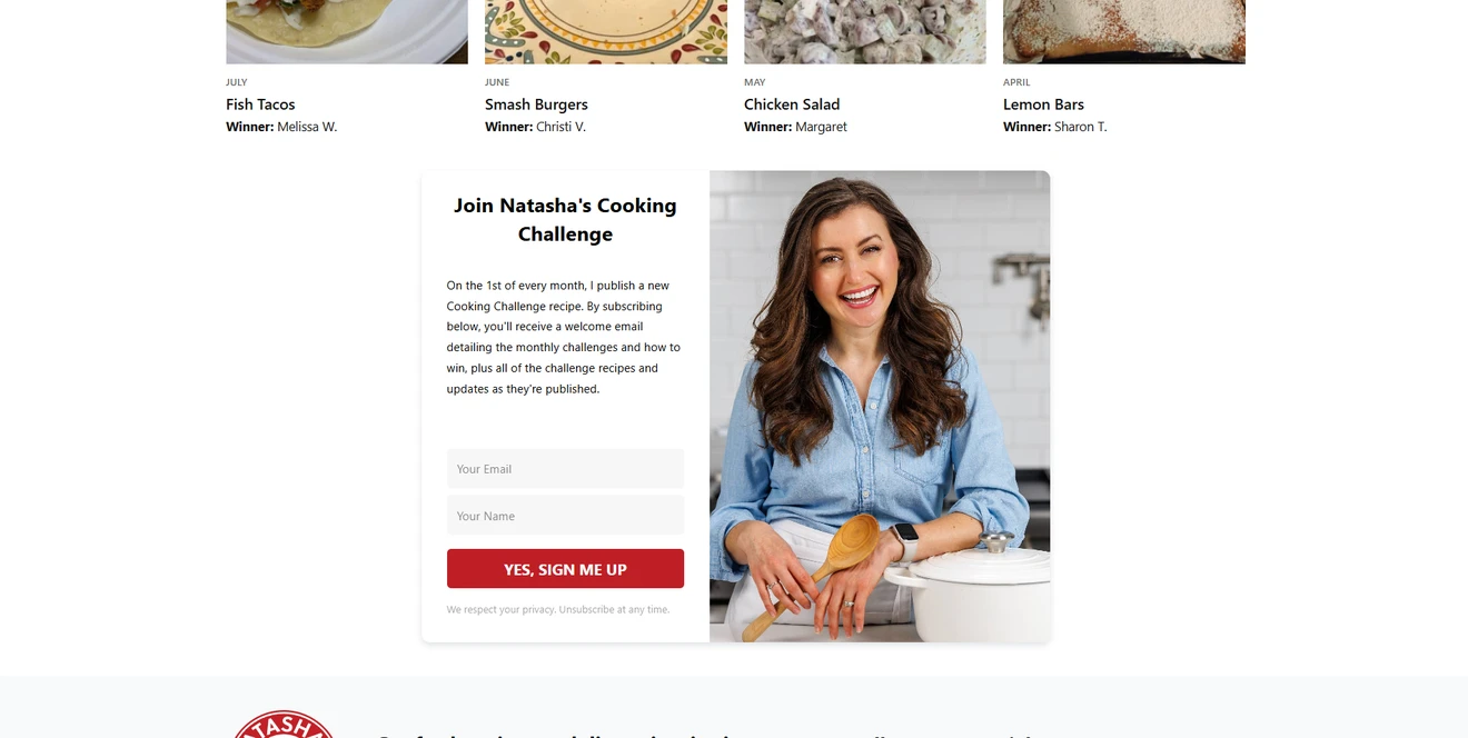 Natasha’s Kitchen signup form for a monthly cooking challenge
