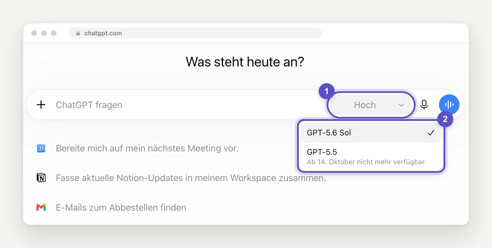 ChatGPT-Startseite in einem Plus-Konto mit dem Eingabefeld ChatGPT fragen, dem Regler für den Denkaufwand auf der Stufe Hoch und der aufgeklappten Modellliste mit GPT-5.6 Sol als Auswahl und GPT-5.5 mit dem Hinweis Ab 14. Oktober nicht mehr verfügbar, ohne einen Eintrag für GPT-6.
