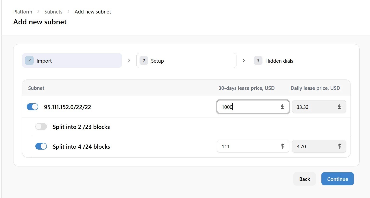 Set pricing for subnet