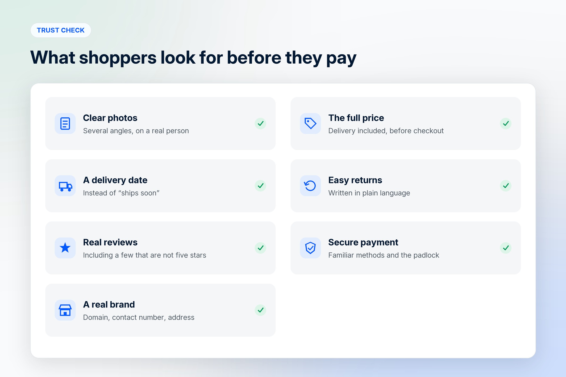 What shoppers check before trusting an online store: clear photos, honest prices, delivery date, easy returns, reviews, secure payment, and a real brand and contact details