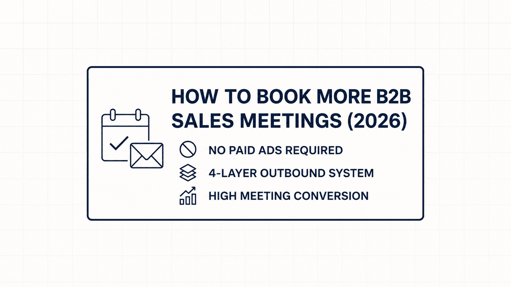An infographic with a light gray grid background and a navy blue text box titled "HOW TO BOOK MORE B2B SALES MEETINGS (2026)". To the left within the box are simple line-art icons of a calendar with a checkmark, combined with a chat bubble containing a handshake, both rendered in navy blue. To the right, bold text lists: "NO PAID ADS REQUIRED" and "HIGH MEETING CONVERSION". Below the main text box, a simple calendar icon, without the details of the one above, is connected by a short purple line to a horizontal purple baseline that runs across the lower portion of the image.