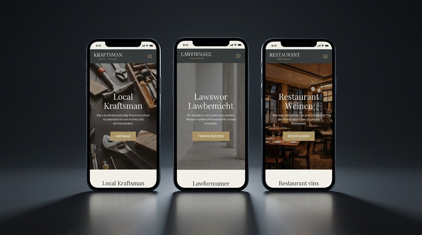 Drei Smartphones zeigen Webseiten von einem Handwerksbetrieb, einer Anwaltskanzlei und einem Restaurant mit jeweils klarer Hero Section und passendem Call to Action
