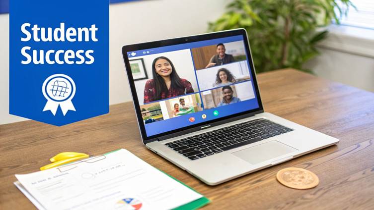 A laptop shows a video call with diverse students, next to a 'Student Success' banner and documents.