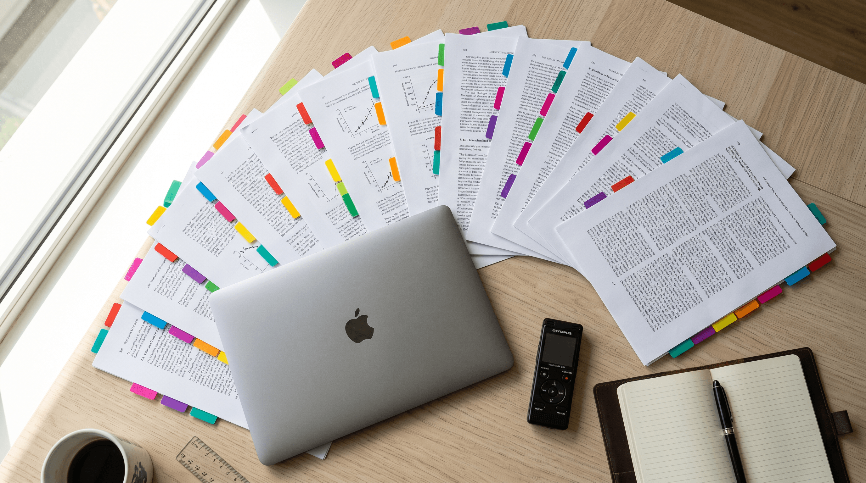 Printed research papers arranged around a laptop and citation tabs