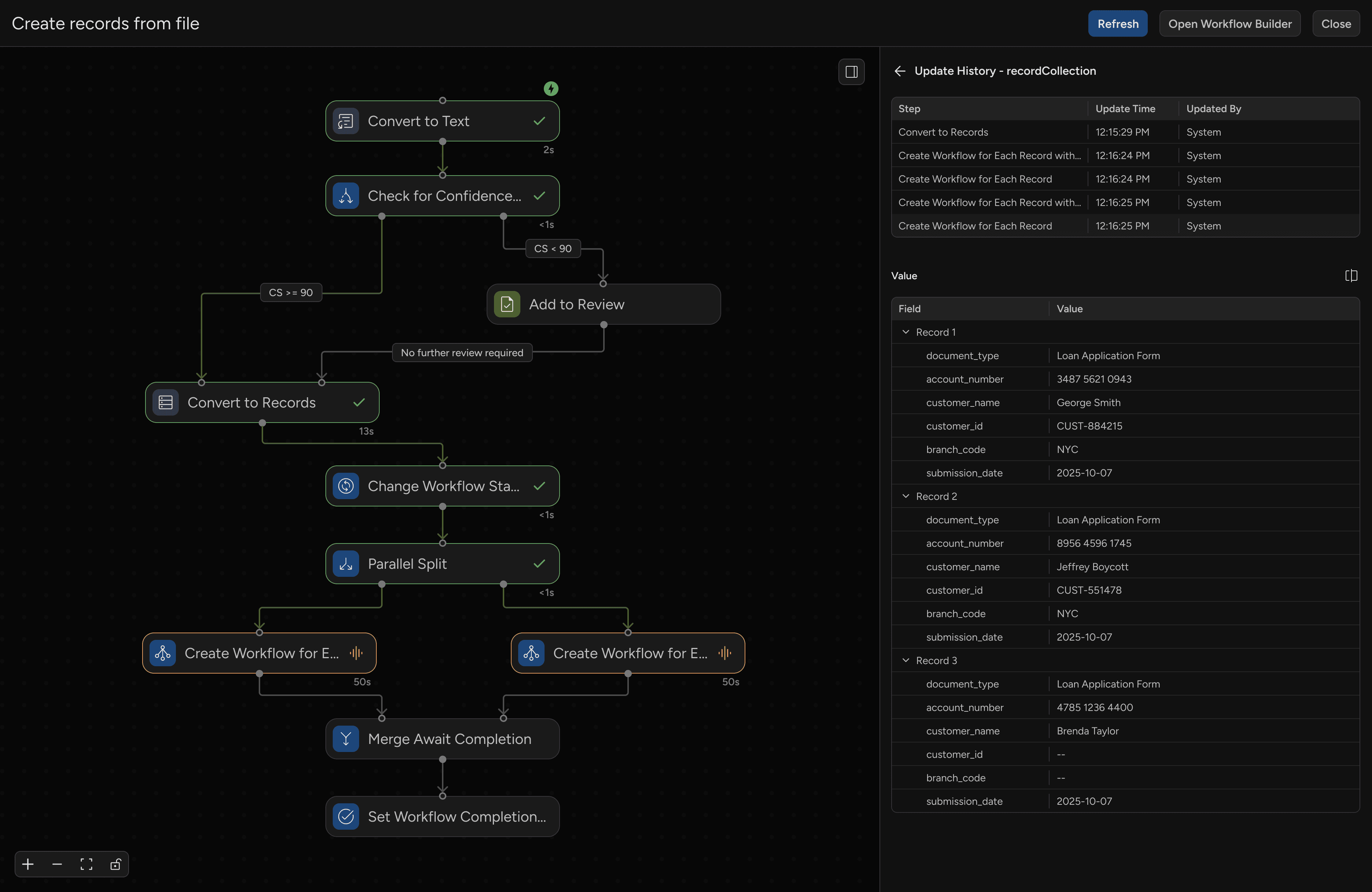 Workflow UI showing update history with logs and current record values