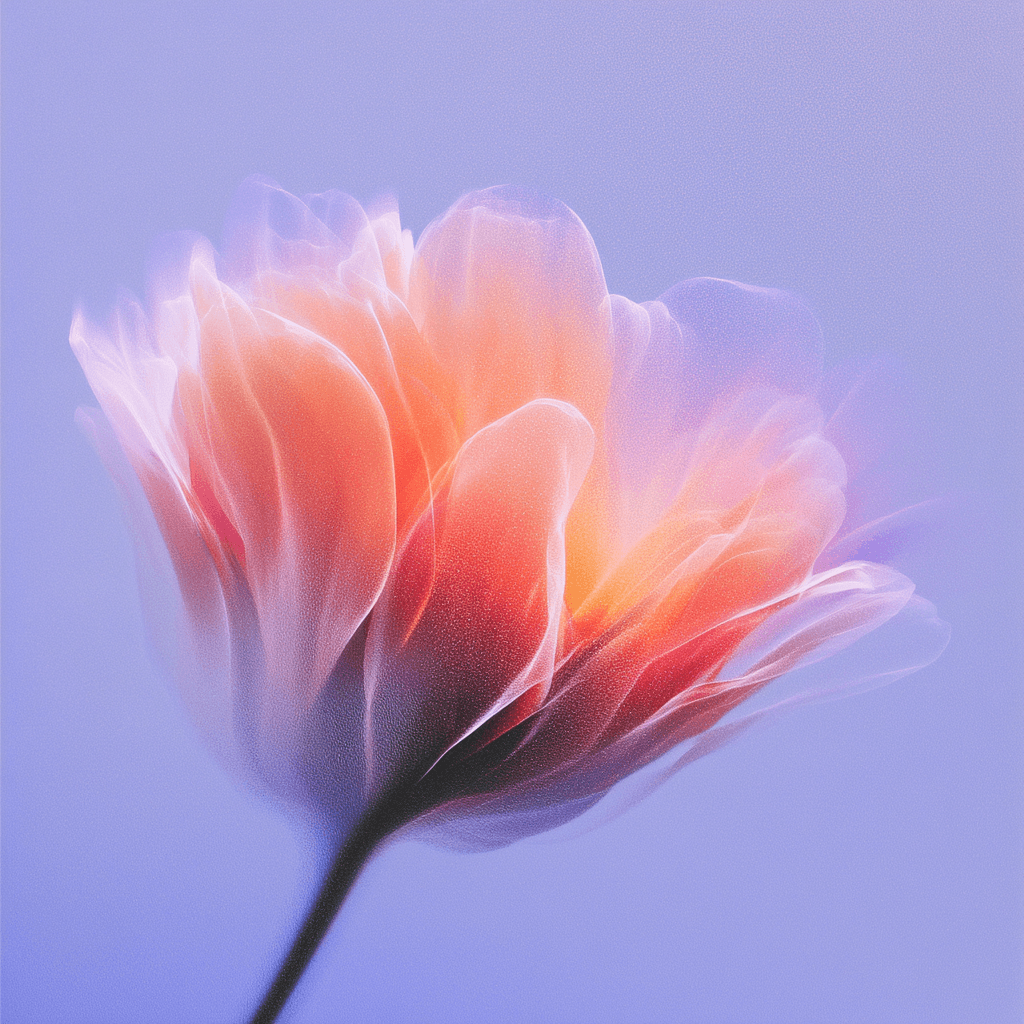 Close-up of peachy ethereal flower against purple background.