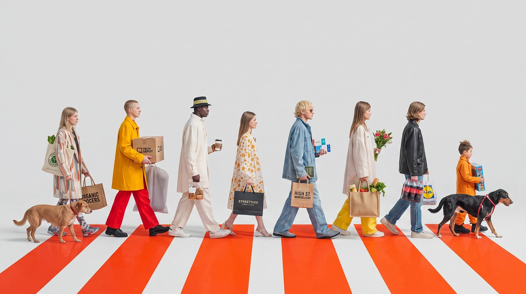 UK consumers showing omnichannel shopping habits with Tesco Asos Waitrose and Primark bags on crossing