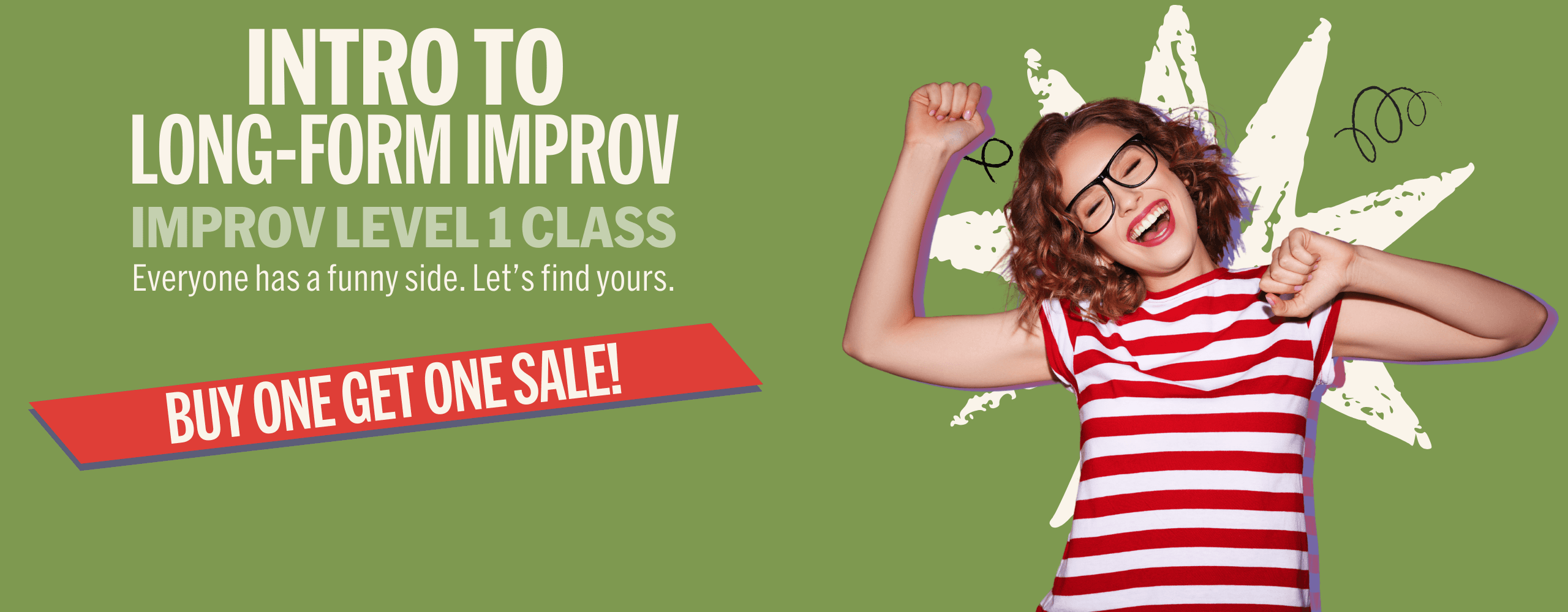 Two performers laughing and interacting with the audience on stage at Black Sheep Comedy, with the Black Sheep Comedy logo visible behind them. Capturing the fun and energy of live improv and sketch comedy performances in Carrboro and Chapel Hill.