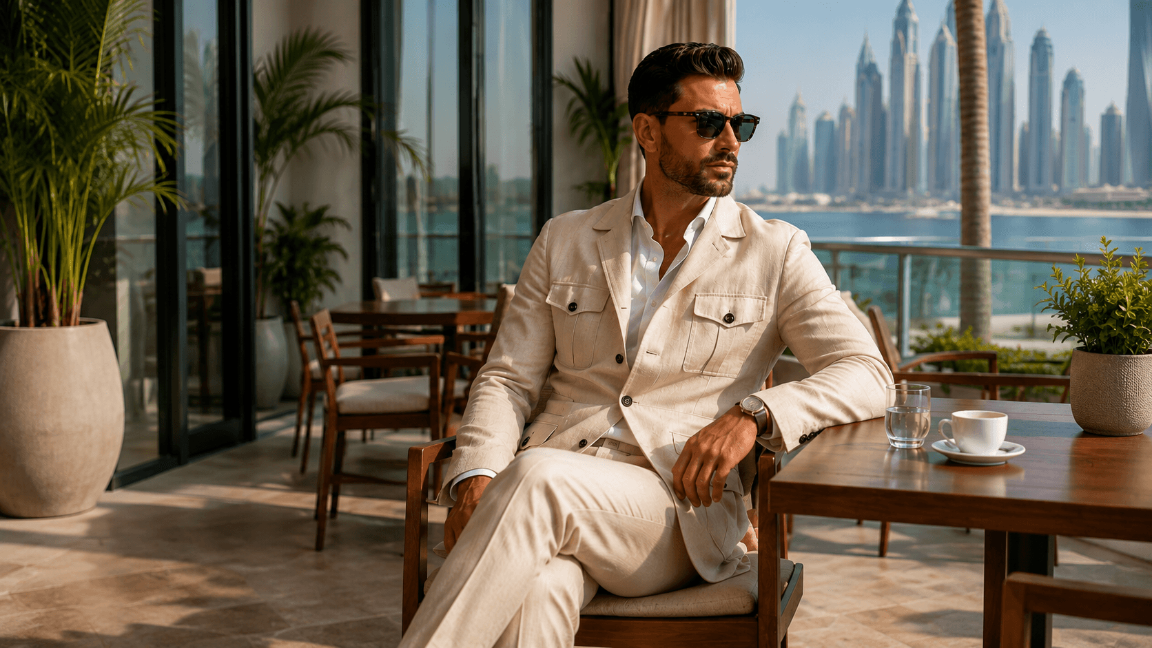 Man wearing a beige linen safari set on a Dubai terrace