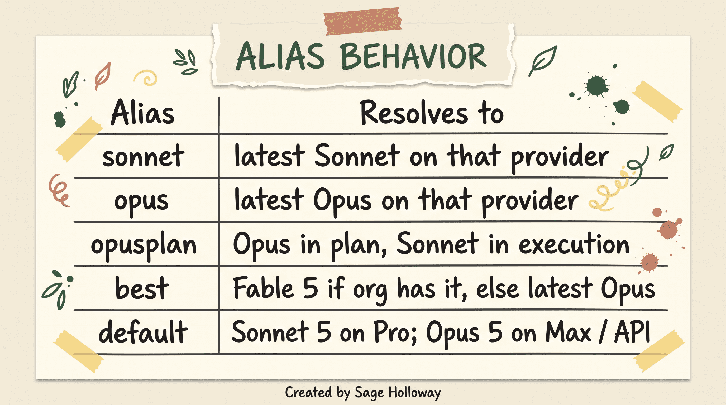 Table of Claude Code model alias behavior including opusplan and best