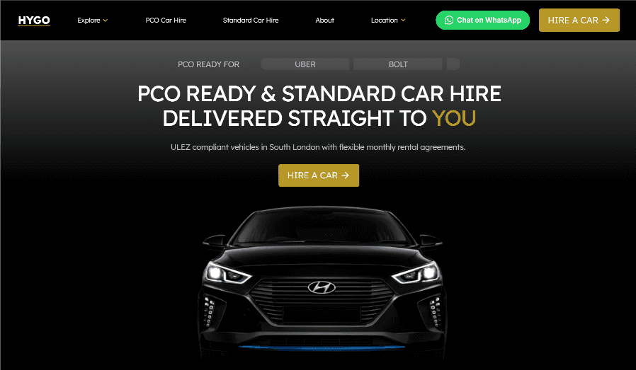 Landing page design for HYGO PCO Car hire company