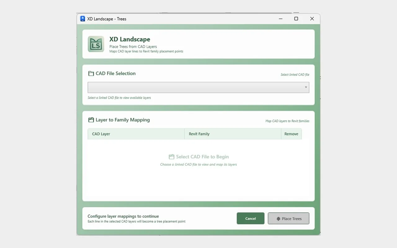 XD Landscape Trees tool mapping CAD layers to Revit planting families