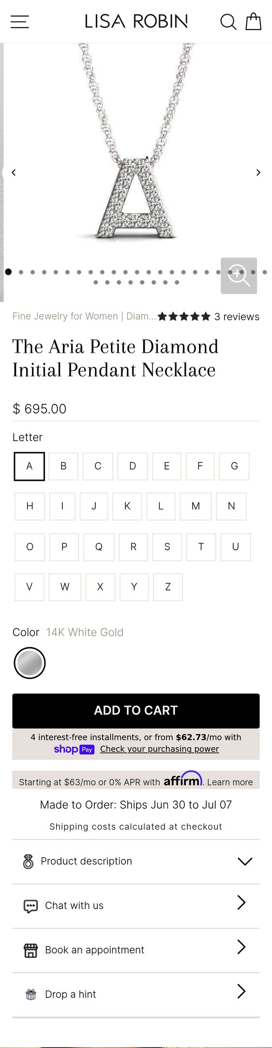 Jewelry product options include: necklace, pendant for The Aria Petite Diamond Initial Pendant Necklace from Lisa Robin.