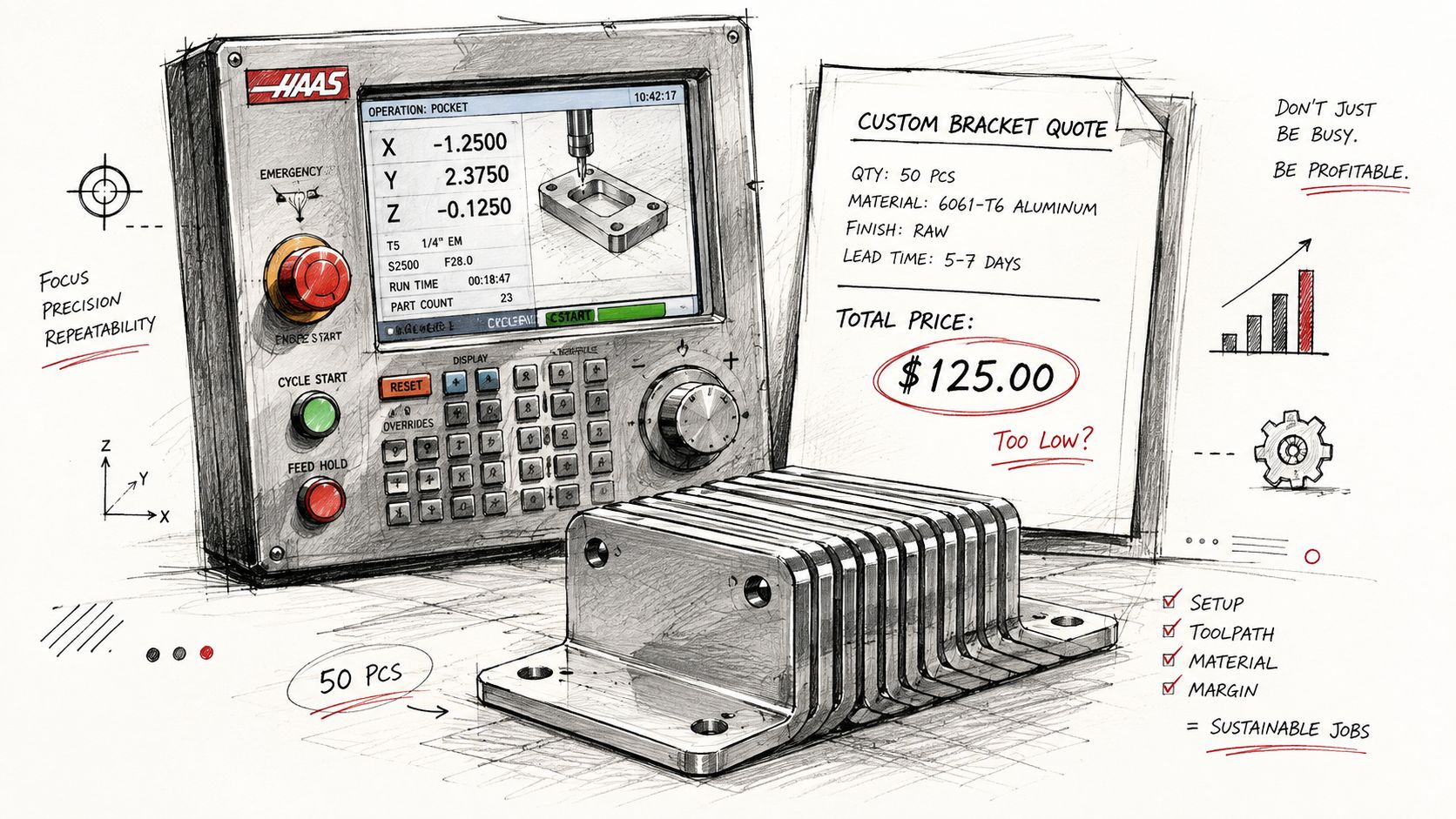 A pencil sketch of a CNC machine control panel, parts, and a cost estimation quote.
