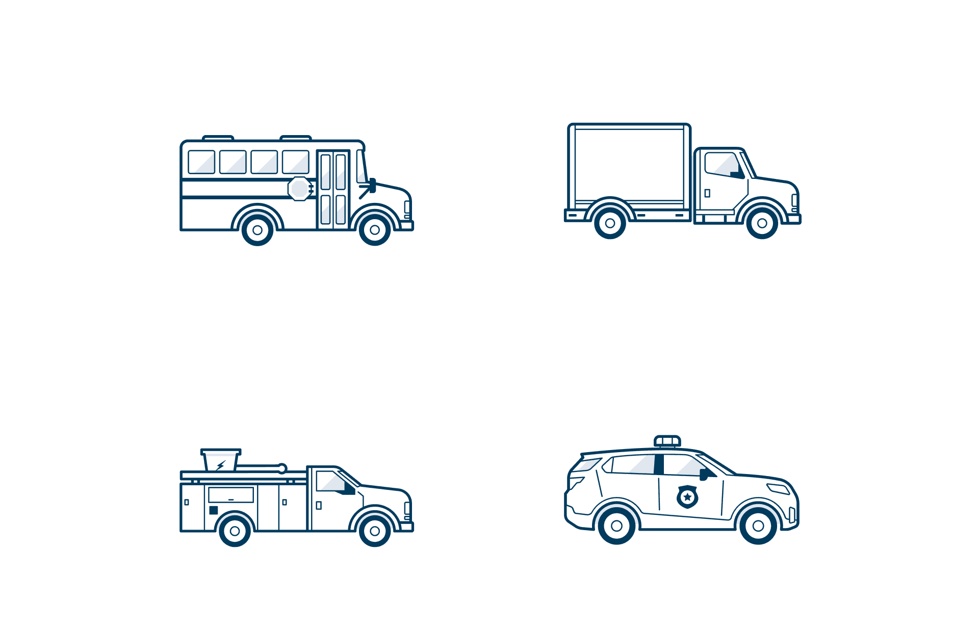 4 pictograms arranged 2 by 2. They depict a school bus, a delivery truck, a bucket truck, and a police cruiser