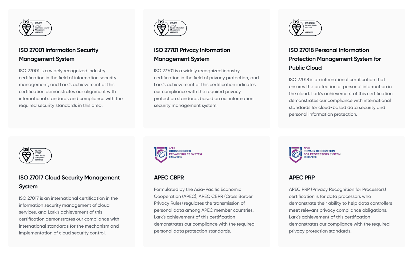 Screenshot of some of Lark's data security certifications