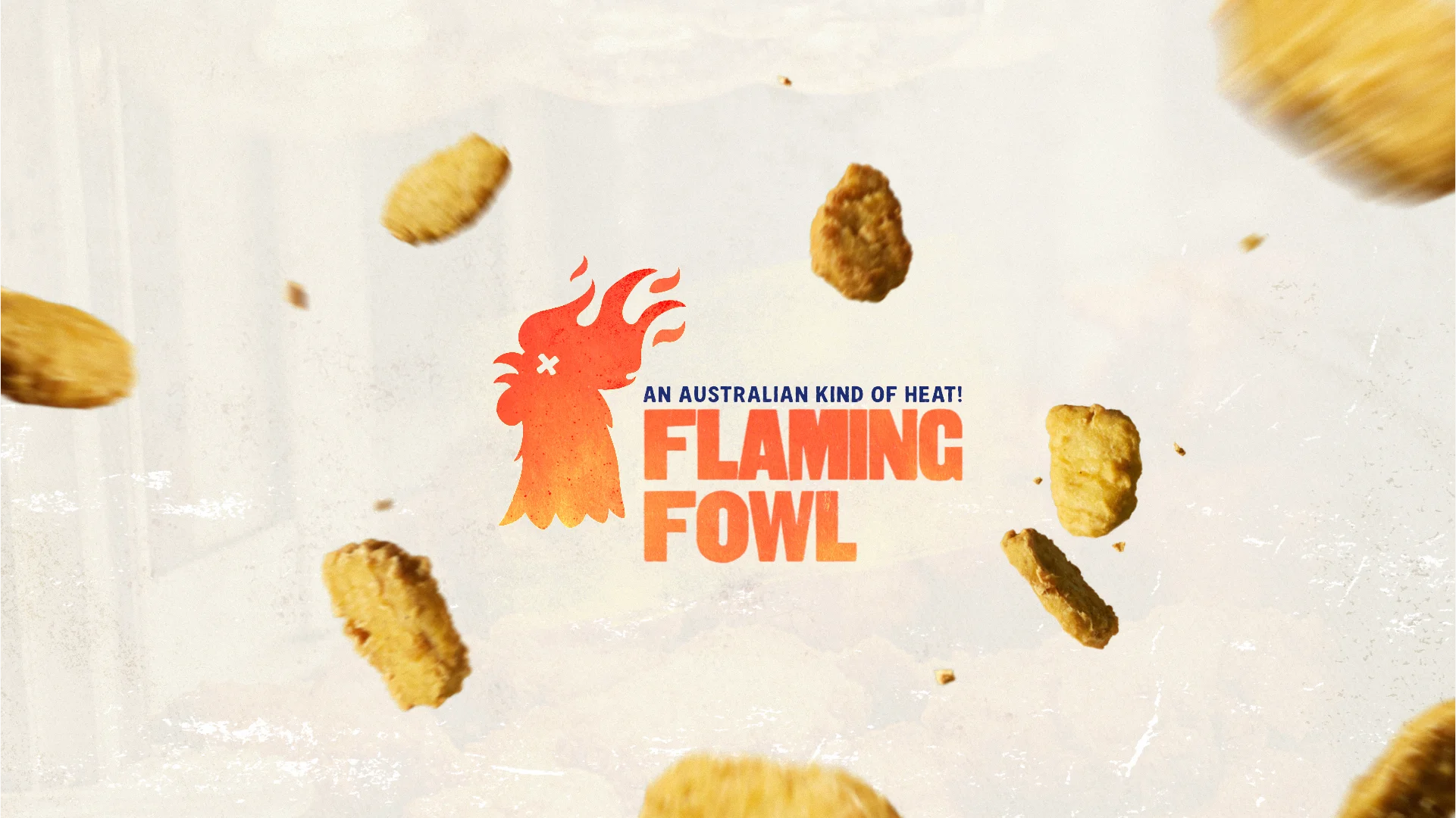 Dynamic brand identity for Flaming Fowl by Andrew Salfinger, featuring a custom flame-textured rooster logo and "An Australian Kind of Heat" tagline for a specialty hot sauce brand.