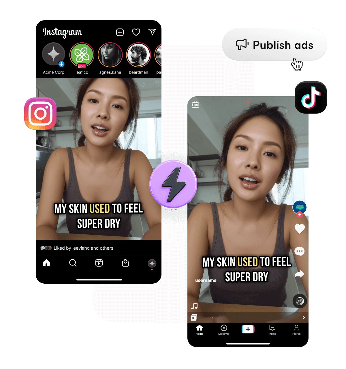 Instagram and TikTok video previews with skincare caption.