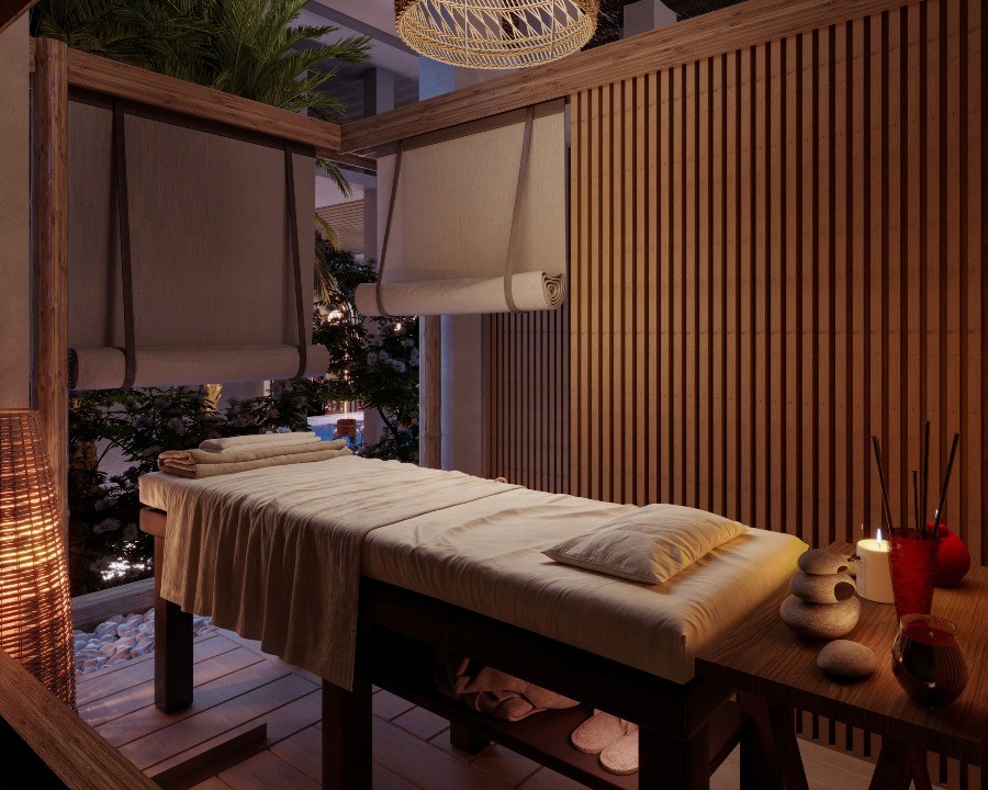 A tranquil massage room with a wooden massage bed