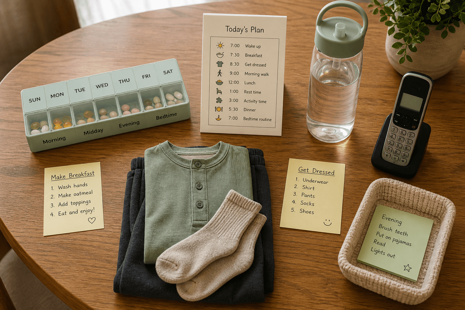 This image shows a collection of items on a wooden table designed to support daily routine management. A weekly pill organizer is filled with different pills, labeled by days and times of day (morning, midday, evening, bedtime). Folded clothing consisting of a green top, dark pants, and a pair of socks is centrally placed. Several sticky notes provide detailed instructions for daily activities including a step-by-step guide to making breakfast, dressing, and an evening routine. A printed card outlines a schedule for the day with times and corresponding activities such as wake up, breakfast, walk, lunch, rest, activity time, dinner, and bedtime routine. Additional items on the table include a water bottle, a cordless phone, and a small basket holding a note with the evening checklist. This setup is ideal for individuals needing structured daily reminders and aids for medication adherence, personal care, and general routine organization.