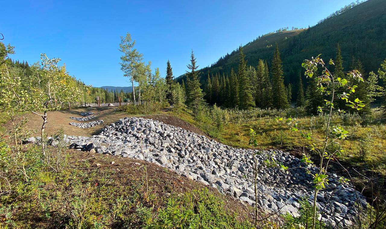 Riprap drainage and environmental reclamation with native plantings at Moose Mountain trailhead