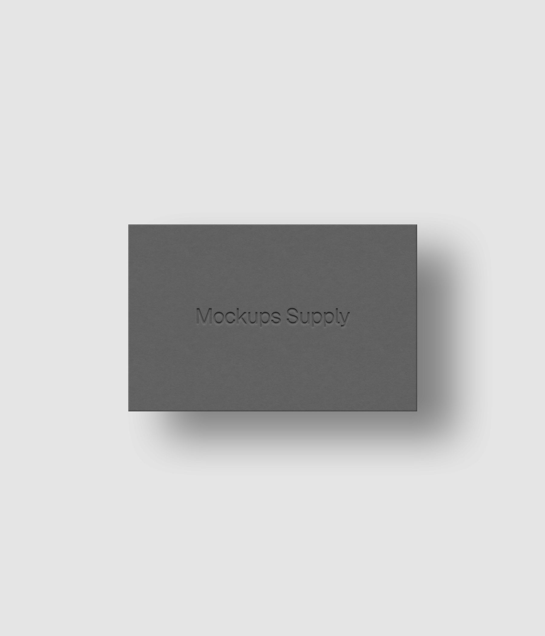 European business card mockup PSD landscape with debossed logo and soft shadow, gray card on white background, clean modern stationery mockup for brand identity