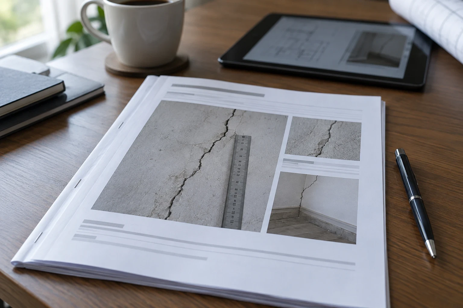 Rapport d’expertise illustré de photographies de fissures, posé sur un bureau