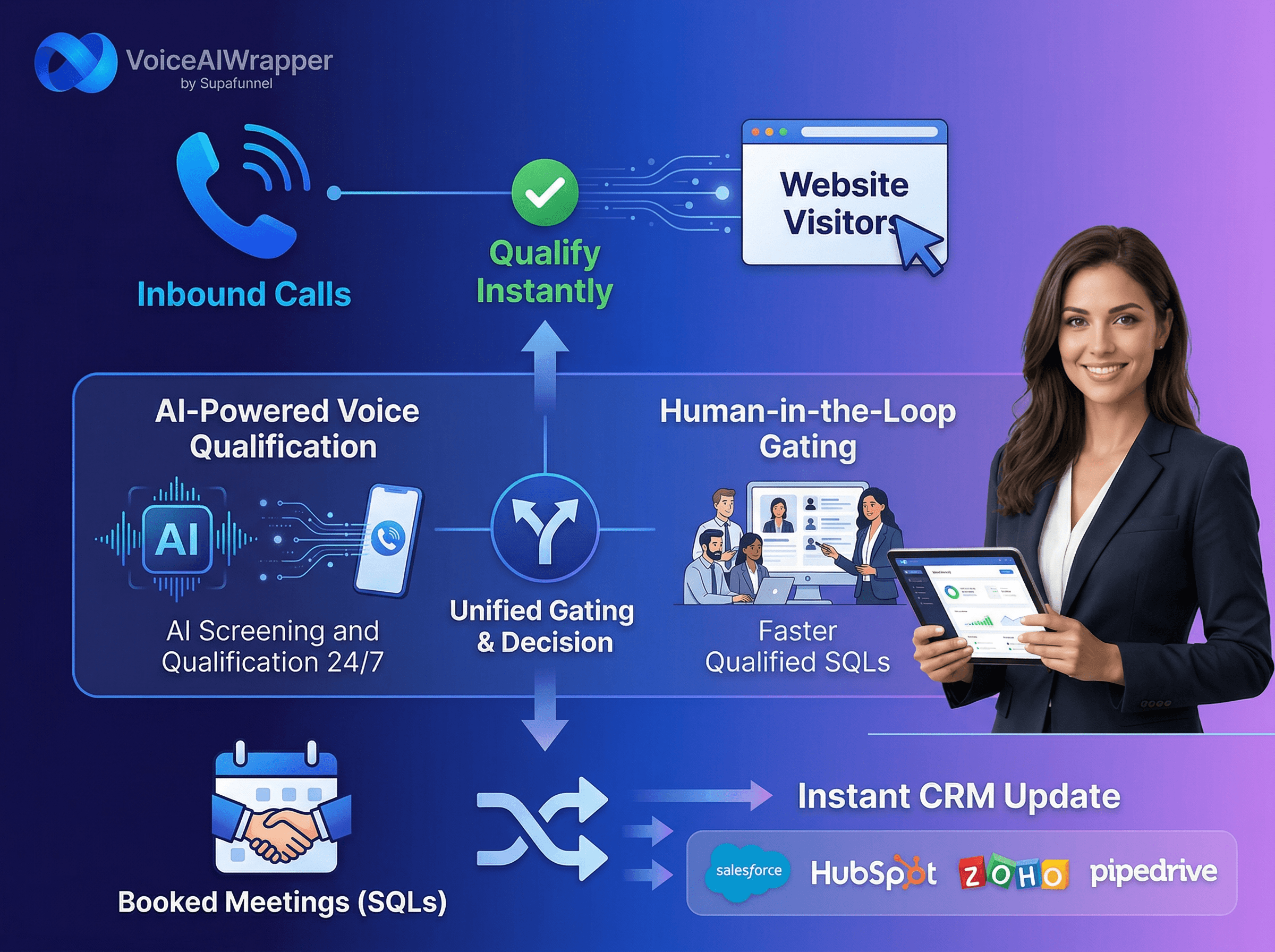 Qualify inbound callers and website visitors instantly, launch outbound AI calls to score and prioritize CRM leads, and use AI chat agents on your website widget for real-time lead qualification | VoiceAIWrapper