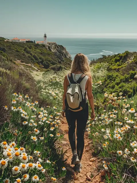 woman hiking to the seaside through a meadow of wildflowers