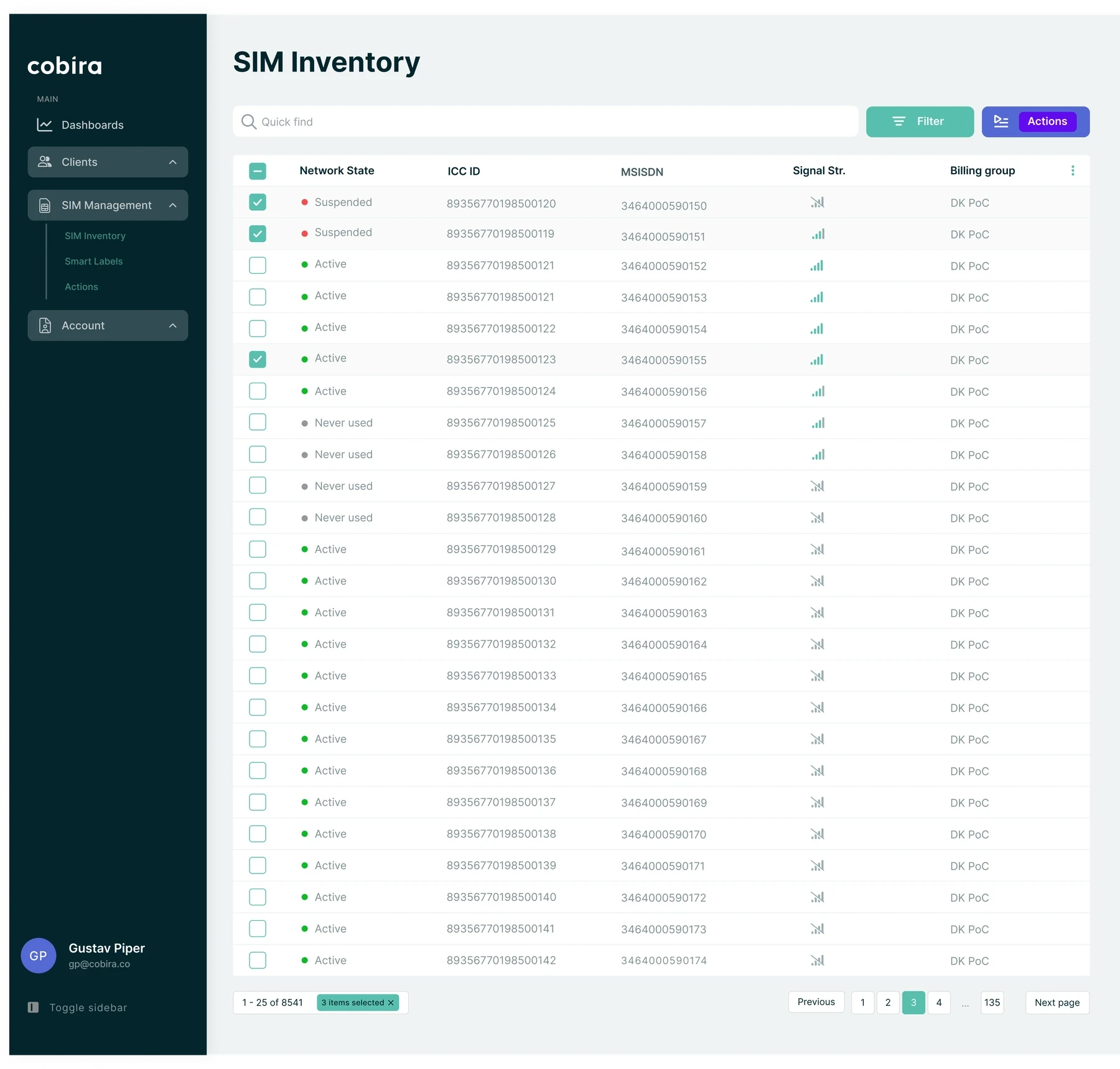 The SIM Inventory in the Cobira Connectivity Management Platform, listing SIMs with their network state, ICC ID, MSISDN, signal strength and billing group