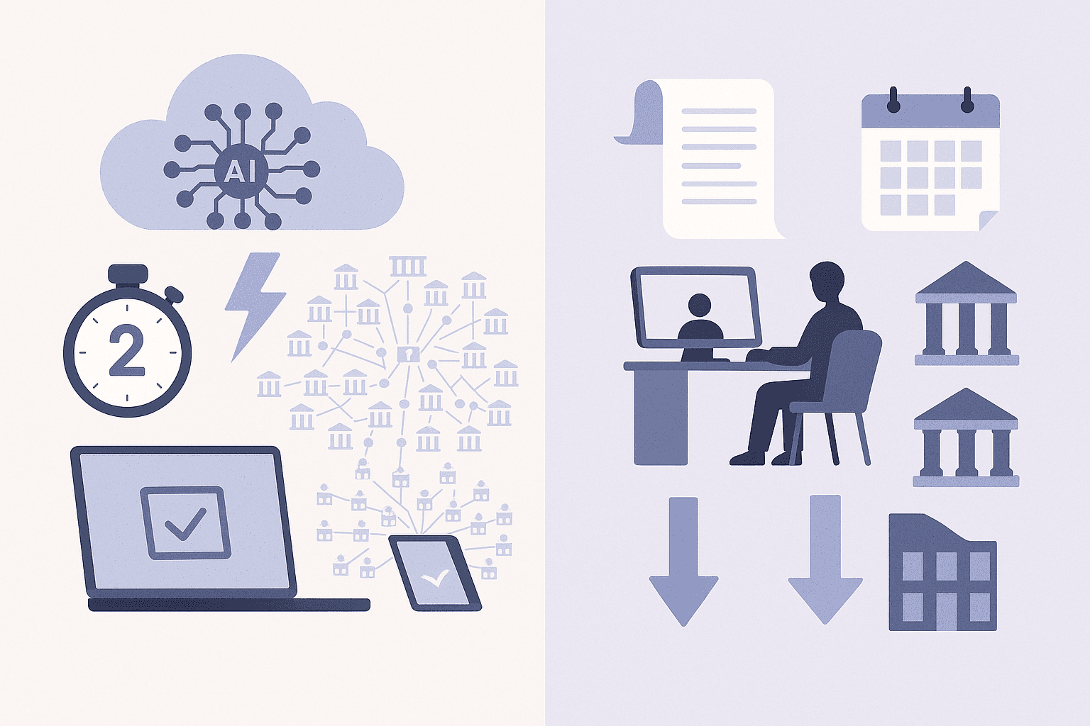 Side-by-side vector comparing fast AI mortgage workflow with slower traditional process