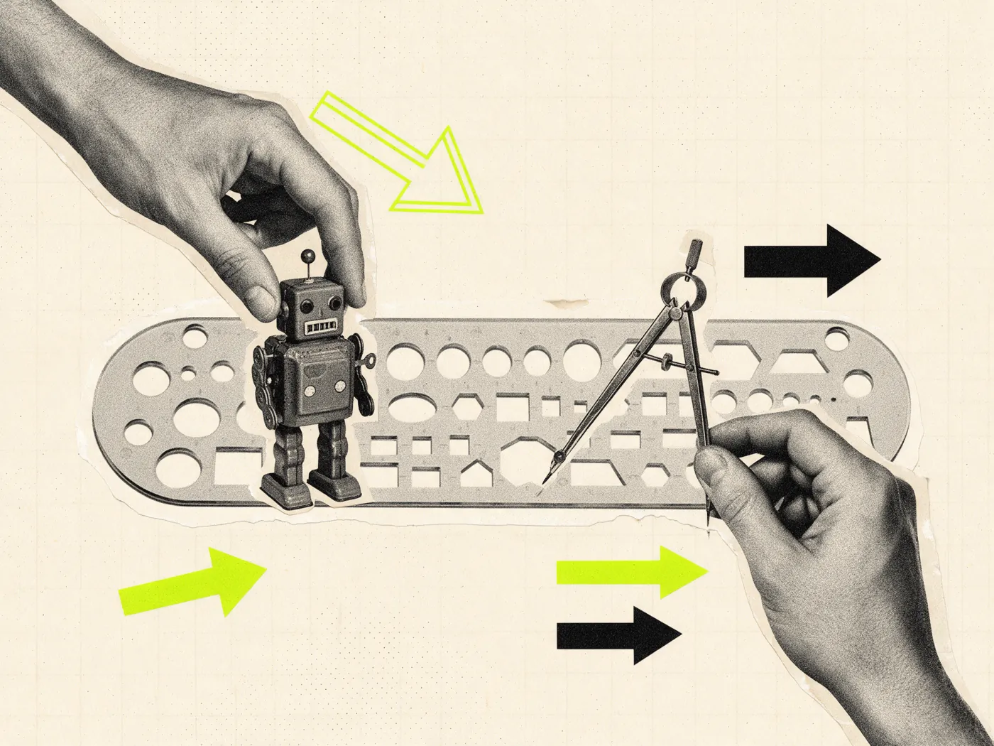 Colagem vintage: mão põe robô de corda sobre gabarito de desenho, as Skills do Framer guiando o agente