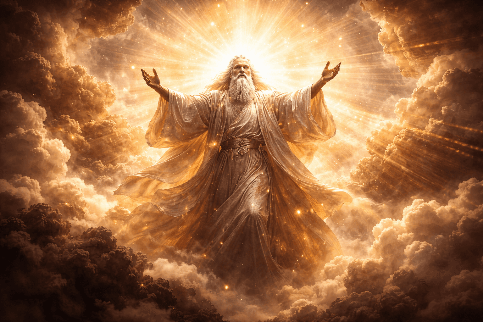 Radiant heavenly figure in clouds and light representing biblical descriptions of God’s glory and presence