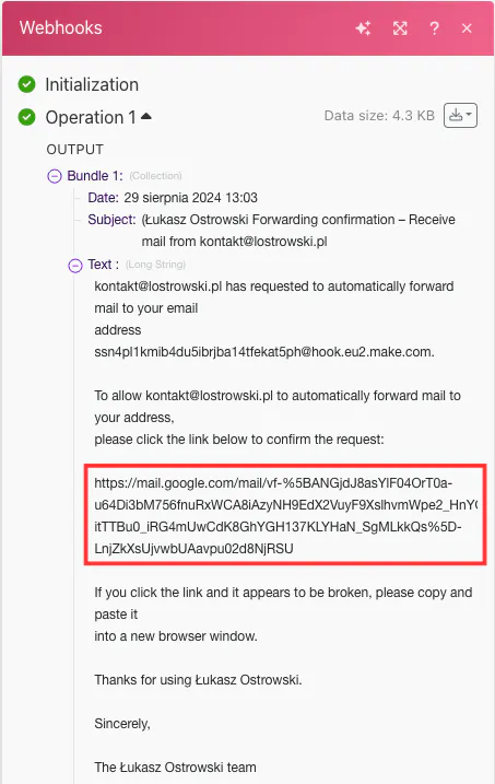 Make.com Webhooks interface showing email forwarding confirmation details for Lucas Ostrowski's automation setup
