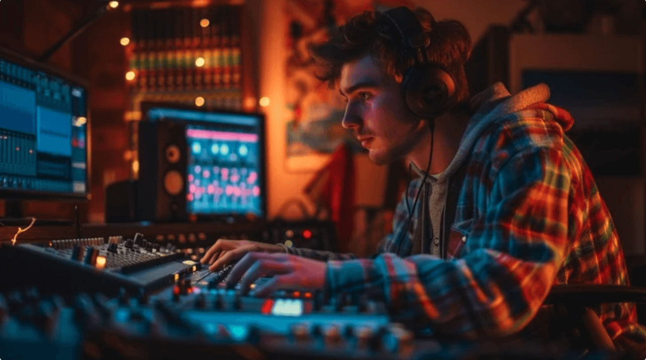 A man in a dimly lit room with music production gear.