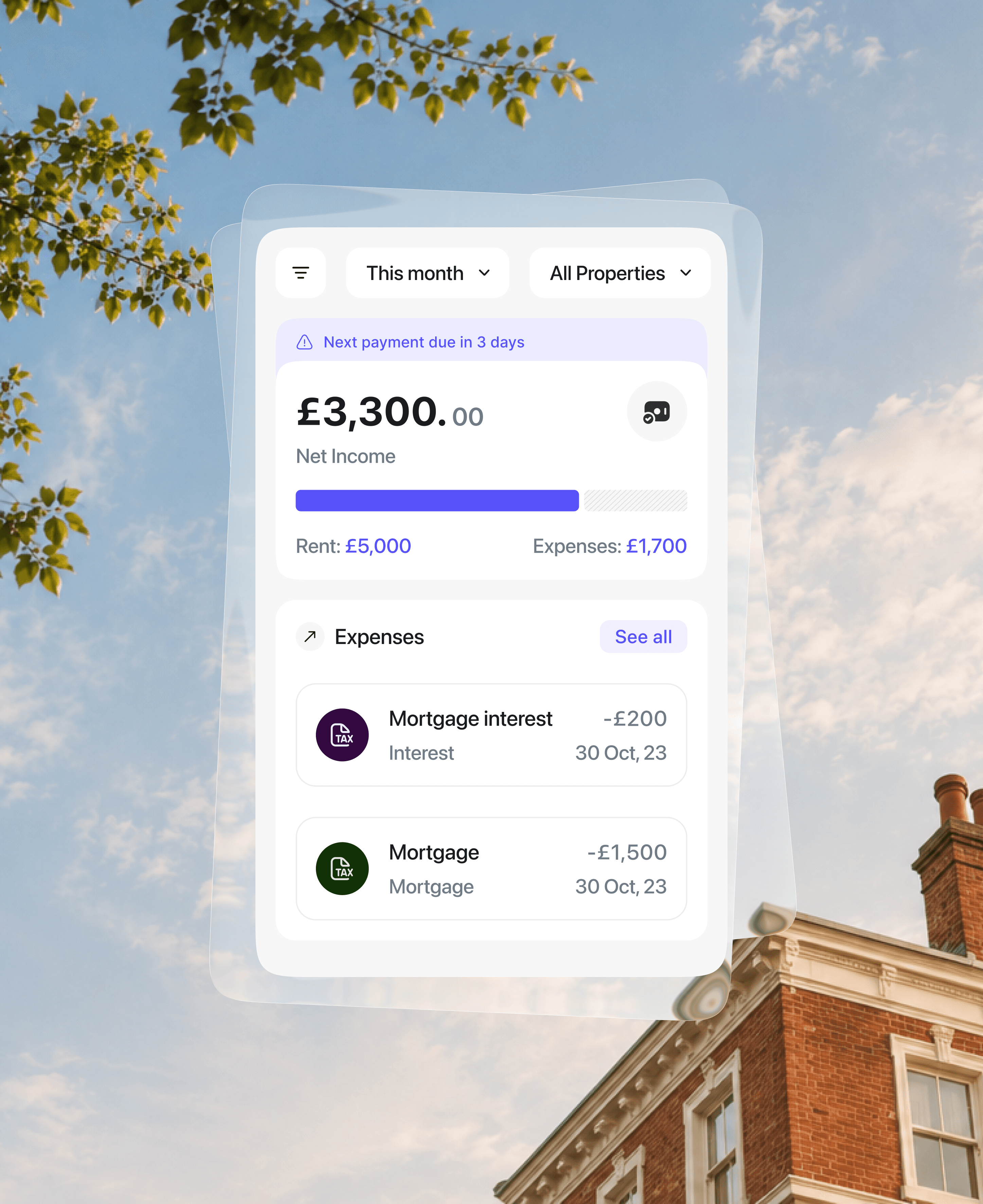 August finance dashboard showing income and expenses